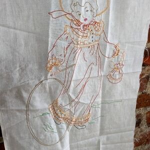 Vintage Homemade Hand Embroidered Girl in a Hat‎ Playing with a Hula Hoop